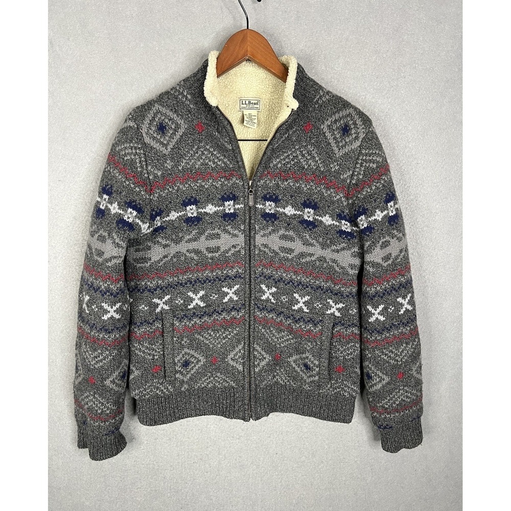 Vintage LL Bean Lambswool Sherpa Lined Sweater Jacket Mens Size S - Picture 1 of 8